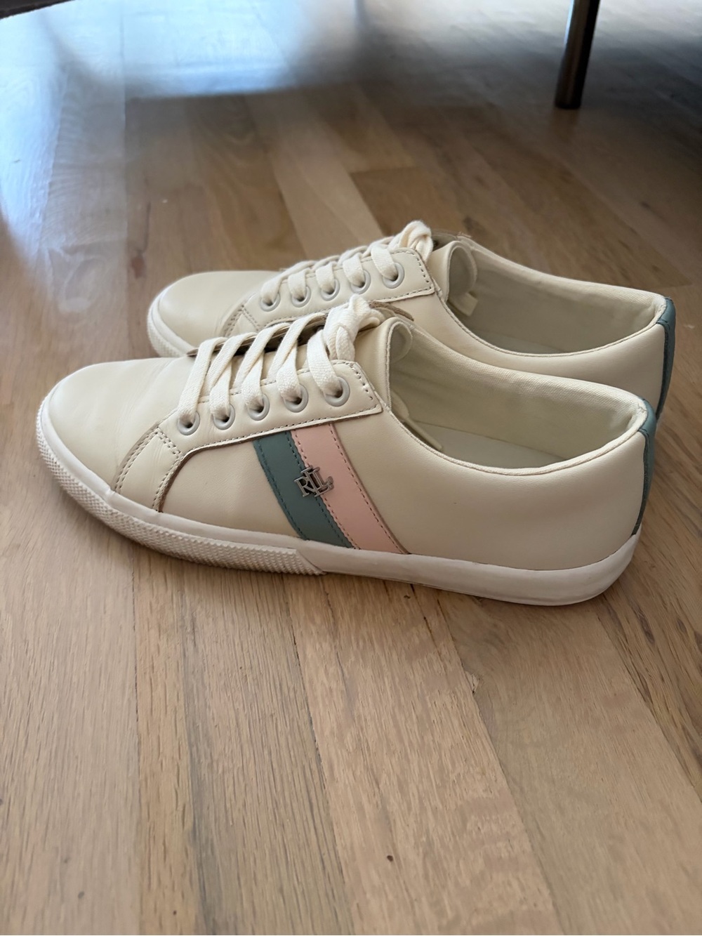 RLX Ralph Lauren Cream Leather Sneakers with Pink & Teal Stripes